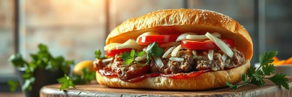 Juicy beef sandwich with fresh vegetables served on a wooden board in a cozy restaurant setting photo
