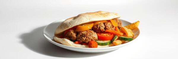 Delicious sandwich filled with crispy chicken and fresh vegetables on a white plate photo
