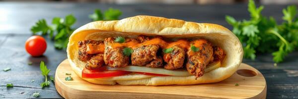 Delicious grilled chicken sandwich served on a wooden board with fresh vegetables and garnished with herbs photo