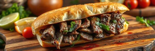 Delicious sandwich filled with grilled meat and fresh toppings on a wooden board in a culinary setting photo
