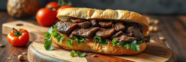 Delicious steak sandwich served on a rustic wooden board with fresh ingredients in a cozy setting photo