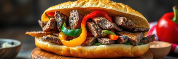 Delicious steak sandwich loaded with colorful peppers on a wooden board ready to be enjoyed in a cozy setting photo