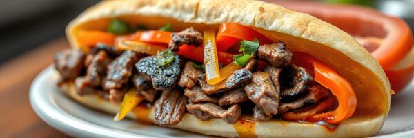 Delicious beef sandwich with fresh vegetables served on a soft bun at a casual dining setting during lunchtime photo