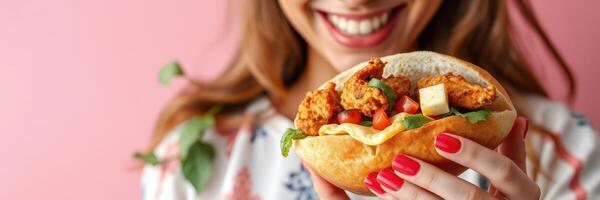 Enjoying a delicious sandwich filled with crispy chicken and fresh vegetables in a cheerful setting photo