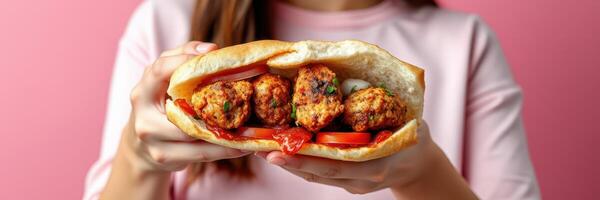 Delicious meatball sub held by a person in casual attire against a pink background photo