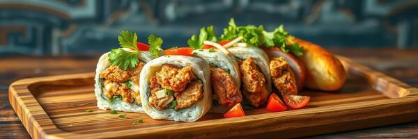 Delicious chicken sushi rolls served on a wooden platter with fresh vegetables in a vibrant setting photo