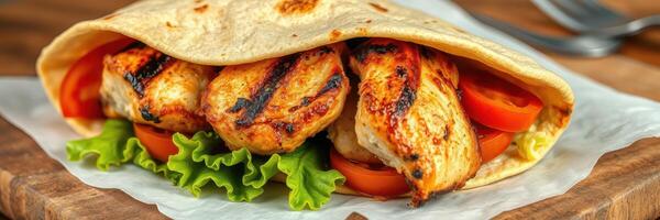 Grilled chicken wrap with fresh vegetables and soft tortilla served on a wooden table photo