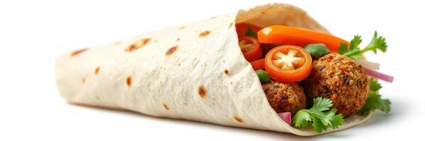 Delicious wrap filled with falafel, fresh vegetables, and herbs served on a clean white background photo