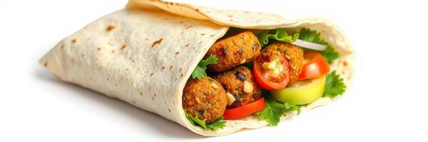 Wrap filled with spiced chickpea balls, fresh vegetables, and lime in a soft tortilla photo