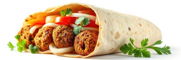 Tasty wrap filled with falafel, fresh vegetables, and herbs for a nutritious meal option photo