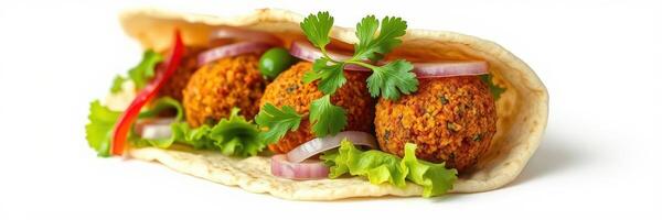 Crispy falafel wrap loaded with fresh vegetables and herbs in vibrant colors at a casual dining spot photo