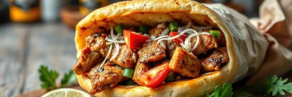 Delicious grilled chicken wrap filled with fresh vegetables, served in a cozy setting on a wooden table photo