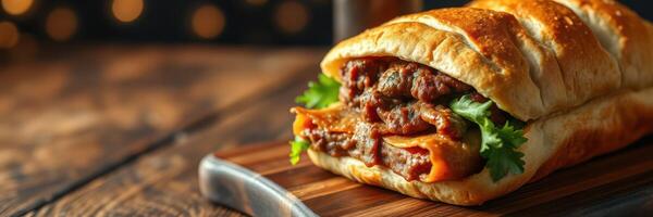 Savory meat sandwich filled with tender beef and fresh herbs served on a rustic wooden platter photo