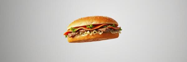 Delicious burger with fresh ingredients floating against a neutral background photo