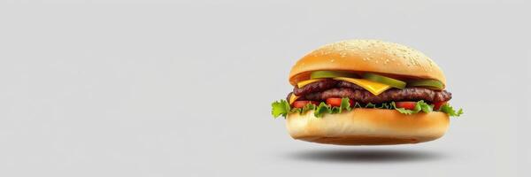 Juicy beef burger with cheese, lettuce, and pickles served on a sesame seed bun against a plain background photo