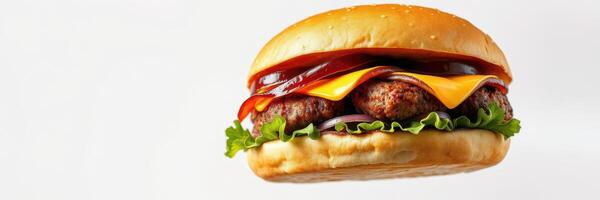 Delicious cheeseburger with lettuce, onions, and barbecue sauce hovering on a plain background photo