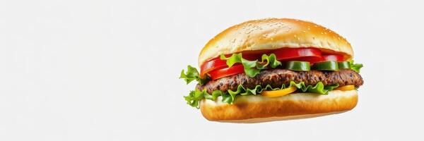Juicy hamburger loaded with fresh toppings, perfect for a quick meal or snack at any time of day photo