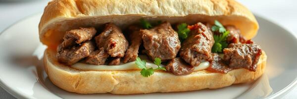 Delicious beef sandwich served on a fresh bun with herbs and sauce for a satisfying meal experience photo