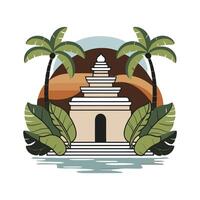 An illustration of a temple with palm trees and water vector