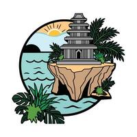 A pagoda on an island with palm trees and water vector