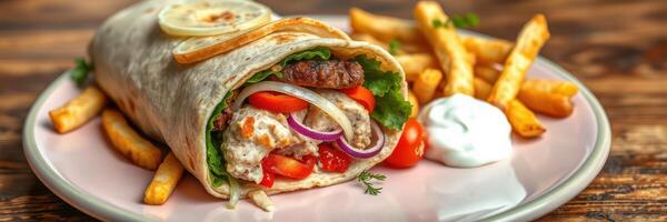 Delicious wrap filled with fresh ingredients served with crispy fries on a wooden table photo