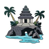 An island with a temple and palm trees vector