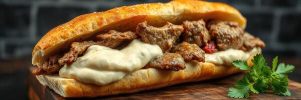 Delicious sandwich filled with savory meat and creamy sauce served on freshly baked bread photo