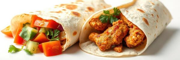 Delicious wraps filled with fresh vegetables and seasoned chicken served on a white background photo