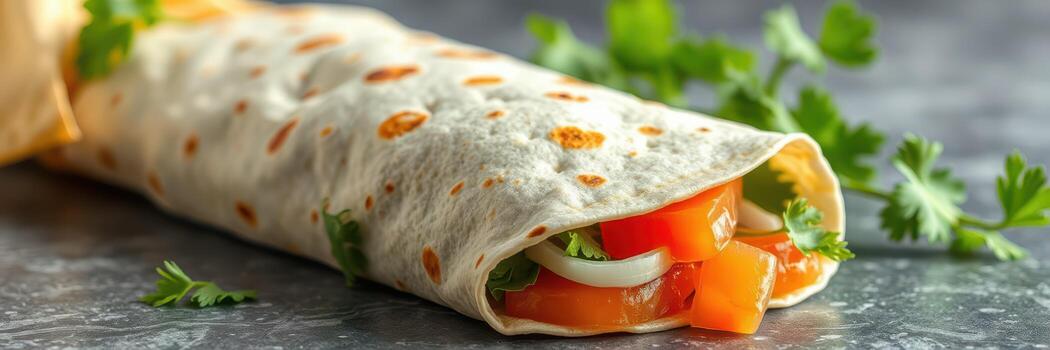 Fresh vegetable wrap with herbs served on a rustic countertop photo
