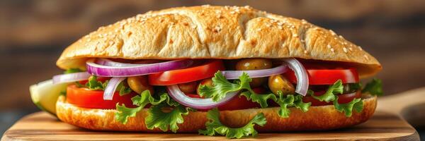 Freshly made sandwich with vegetables and sesame bun at a rustic wooden table in a cozy setting photo