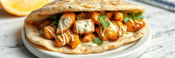 Deliciously stuffed flatbread with crispy chicken and fresh herbs for a satisfying meal photo