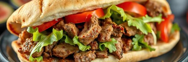 Delicious sandwich filled with seasoned meat and fresh vegetables served on a warm bun at a local eatery photo