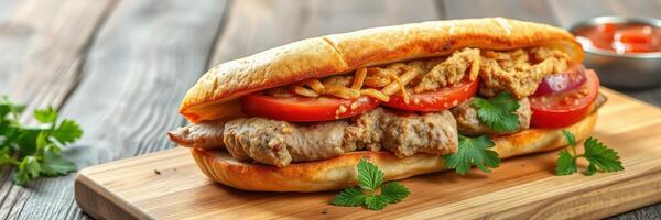 Delicious sandwich with savory meat, fresh tomatoes, and crispy toppings served on a wooden board photo