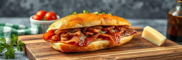 Delicious sandwich loaded with crispy bacon, fresh toppings, and a side of cherry tomatoes photo