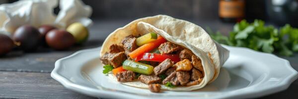 Savory beef fajita wrap filled with fresh vegetables prepared on a rustic table photo