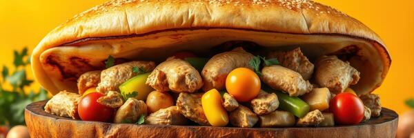 Freshly baked bread stuffed with seasoned meat and colorful vegetables in a rustic bowl photo