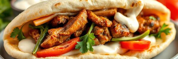 Delicious pita sandwich filled with marinated chicken, fresh vegetables, and sauce served on a plate photo
