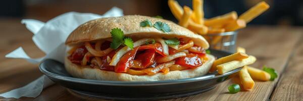Delicious sandwich with grilled vegetables and crispy fries served on a wooden table photo