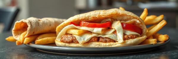 Delicious wrap filled with chicken and vegetables served alongside crispy fries in a cozy dining setting photo