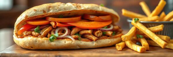 Delicious sandwich with grilled chicken, fresh vegetables, and crispy fries served at a casual restaurant photo