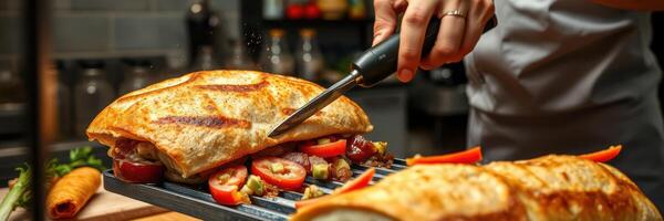 Deliciously preparing a fresh baked loaf filled with vegetables and meat in a modern kitchen setting at dinner time photo
