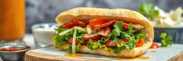 Fresh vegetable and grilled meat sandwich served on a wooden board in a cozy dining setting photo