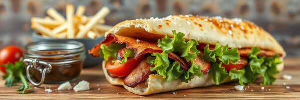 Delicious sandwich with crispy bacon, fresh lettuce, and ripe tomatoes served with fries on a wooden table photo
