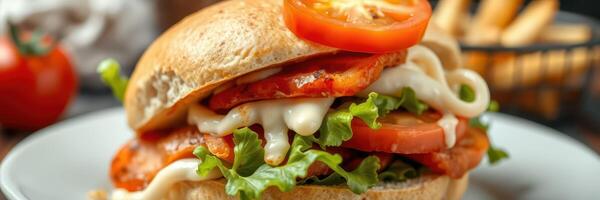 Mouthwatering burger with fresh vegetables and creamy sauce served on a plate during lunchtime photo