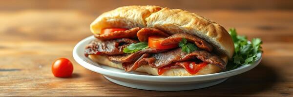 Delicious sandwich filled with grilled meat, fresh vegetables, and sauce on wooden table photo