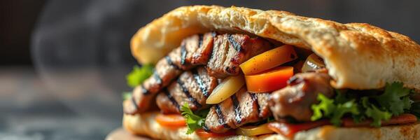 Delicious grilled meat sandwich with fresh vegetables served on a rustic wooden table photo