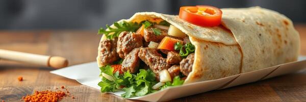 Tasty burrito filled with beef, fresh vegetables, and spices served on a wooden table photo