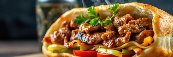 Delicious hot sandwich filled with tender meat and fresh vegetables on a dark background photo