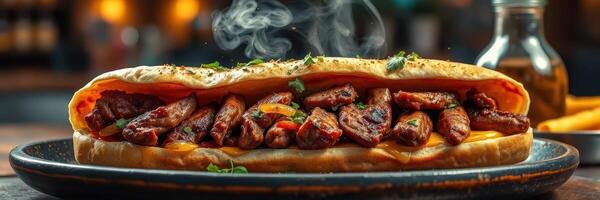 Freshly grilled steak sandwich served with herbs and smoky steam in a cozy restaurant setting photo