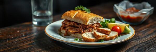 Delicious sandwich with slow-cooked meat served with sliced bread and fresh condiments at a cozy restaurant photo